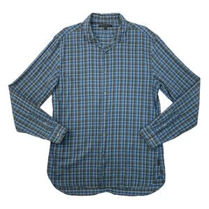 John Varvatos Shirt Mens XL Extra Large Blue Green Plaid Button Up Long Sleeve